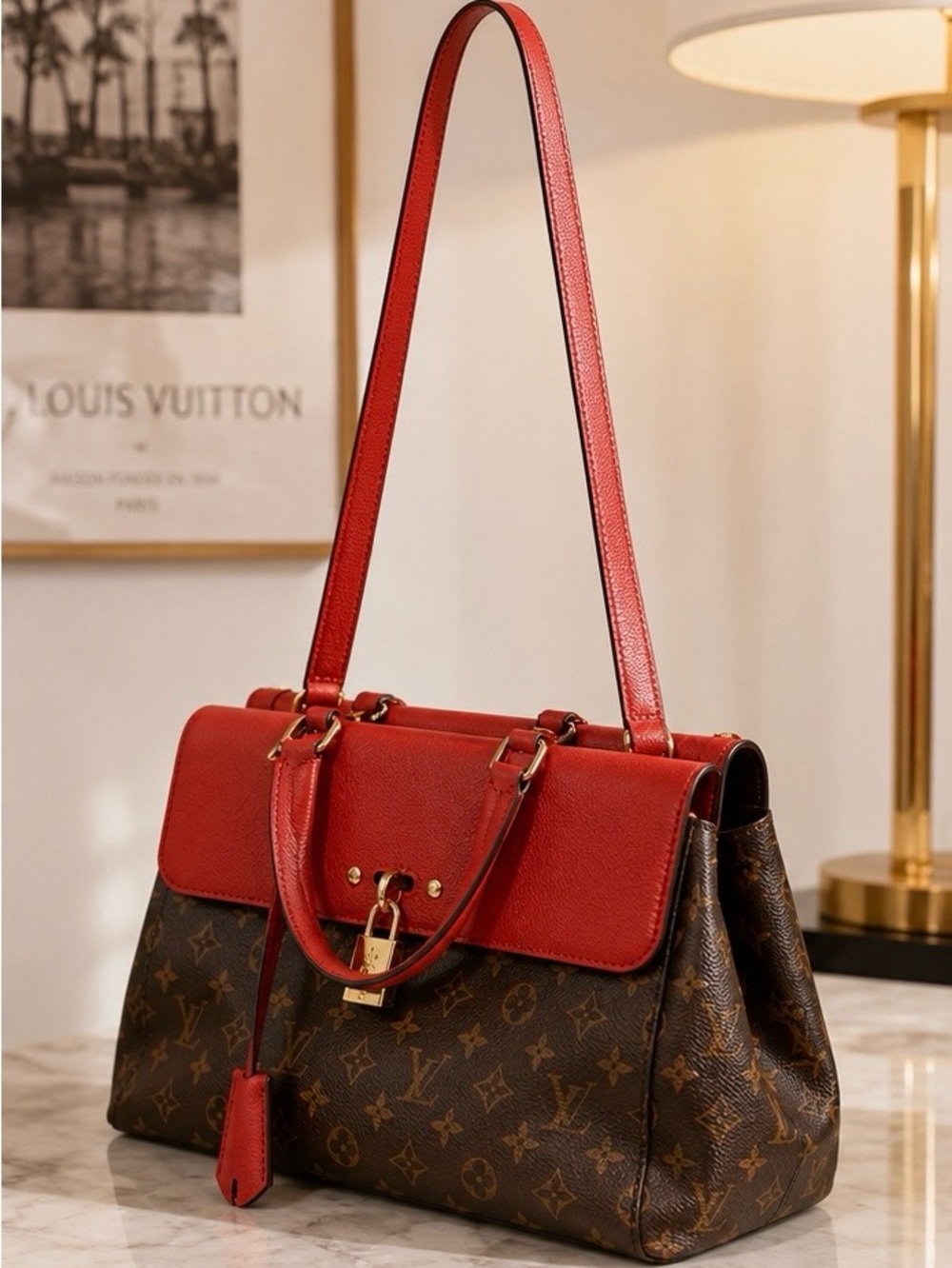 Authentic Louis Vuitton Monogram & Red Leather Handbag